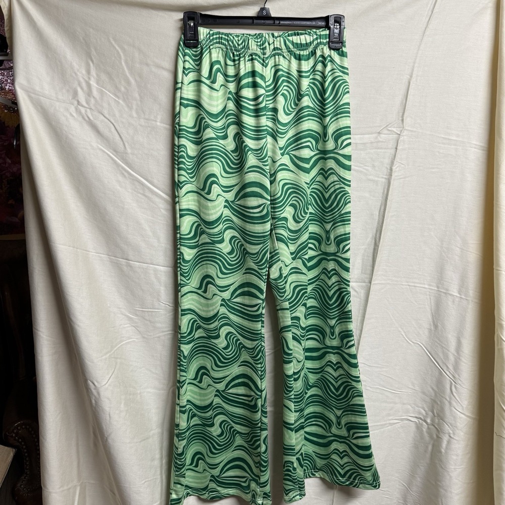 Y2K Green Swirl Flare Pants Stretch Bootcut Indie Festival M Bell Bottom 70's
